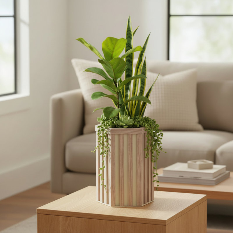 Hexagon Column Planter, Ash Brown, 16.25" H x 9.13" W x 10.5" D