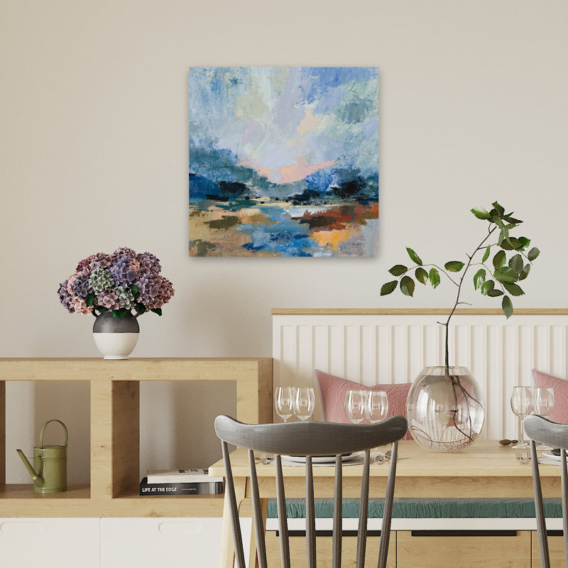 «Blue Vista I», art abstrait contemporain, H 18 po x l 18 po