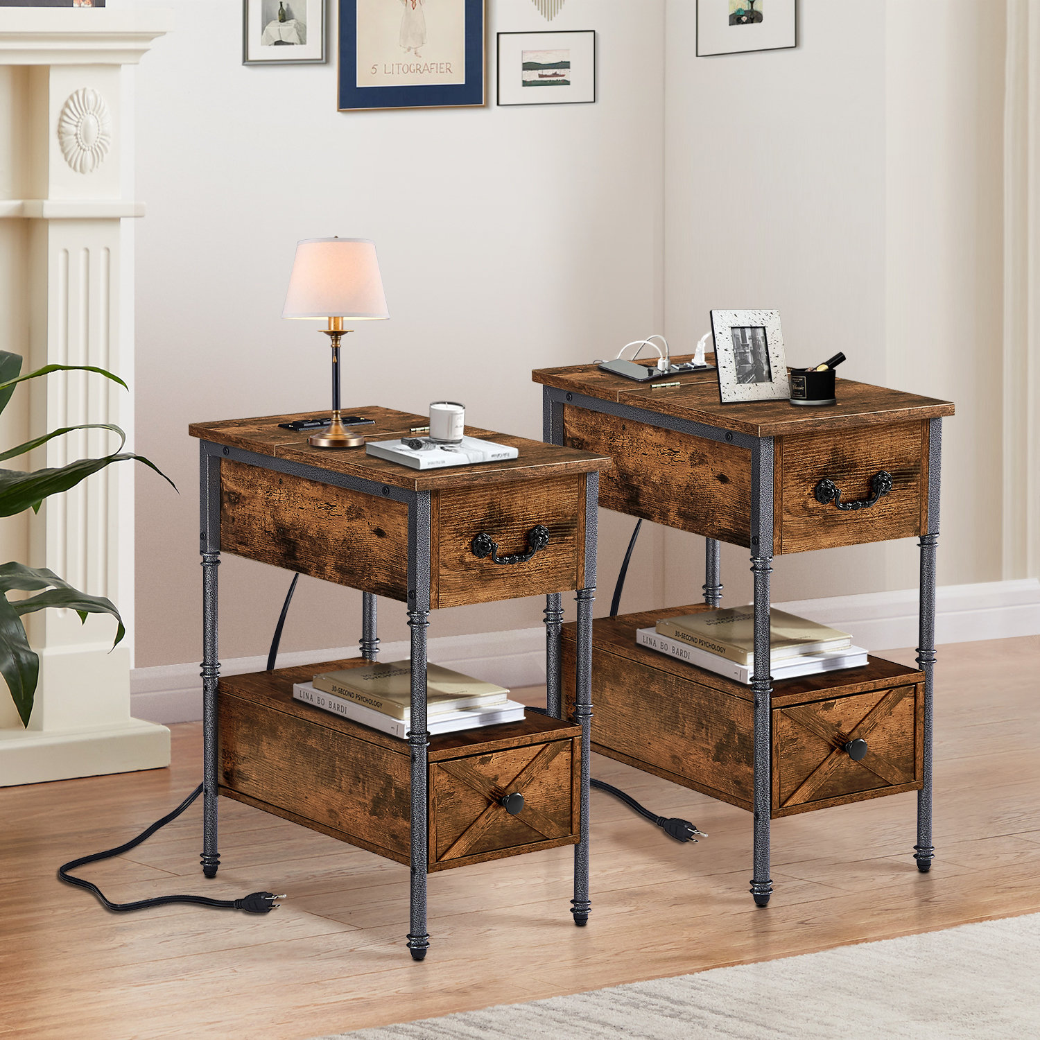 24'' Tall 2 - Drawer End Table with Storage and Built-in Outlets 17 Stories Table Top Color: Brown