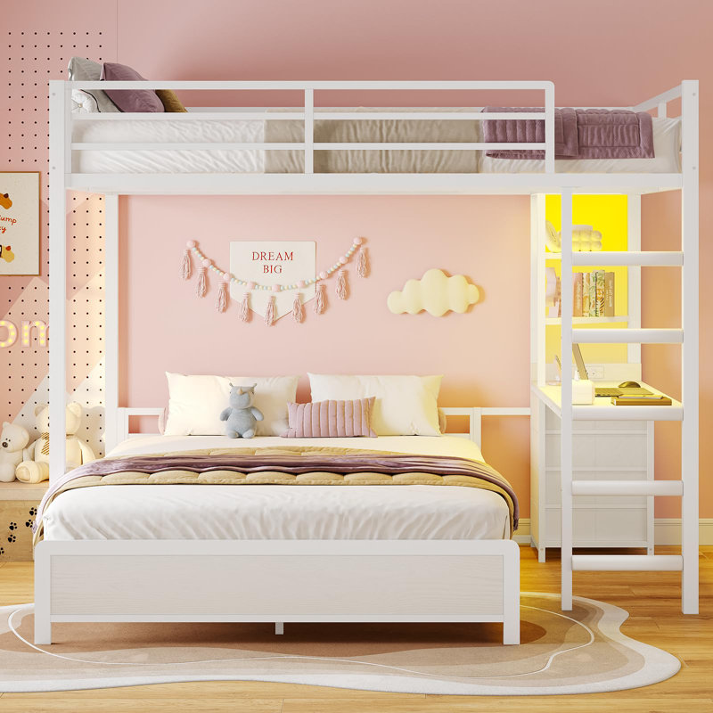 Bunk Bed With Desk, Full Over Full Bunk Beds With Charging Station And Led Lights, 4 Storage Drawers And 2 Open Storage Shelves, Black