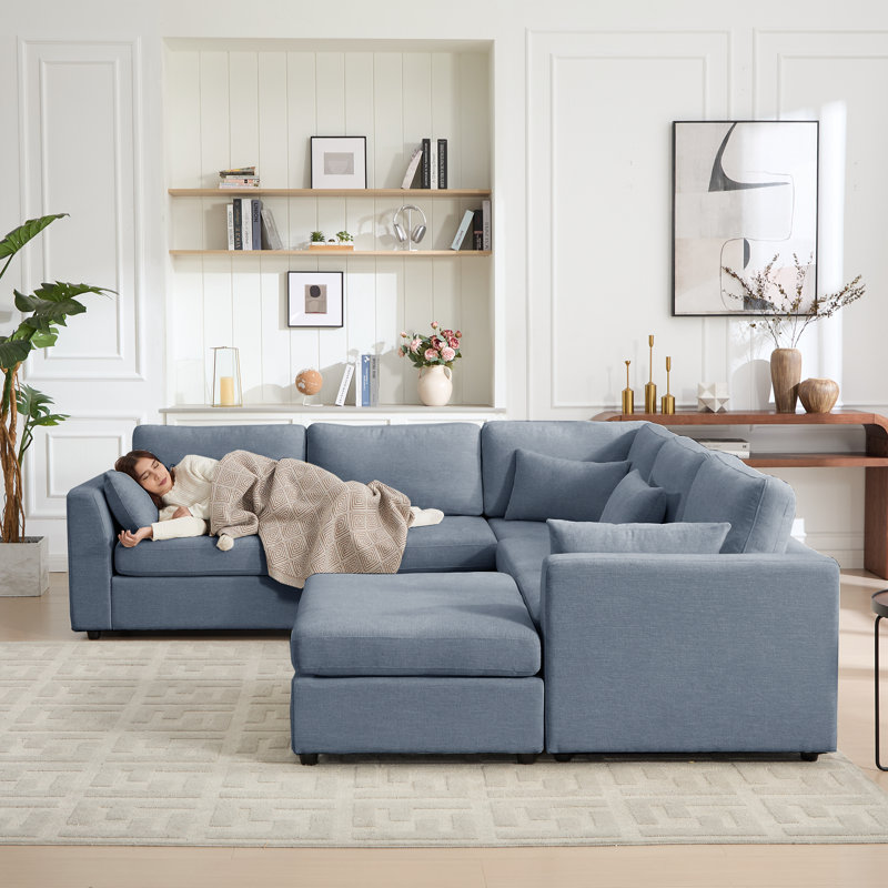 Canapé modulaire rembourré 6 pièces avec repose-pieds 6 pièces, Mélange de polyester bleu