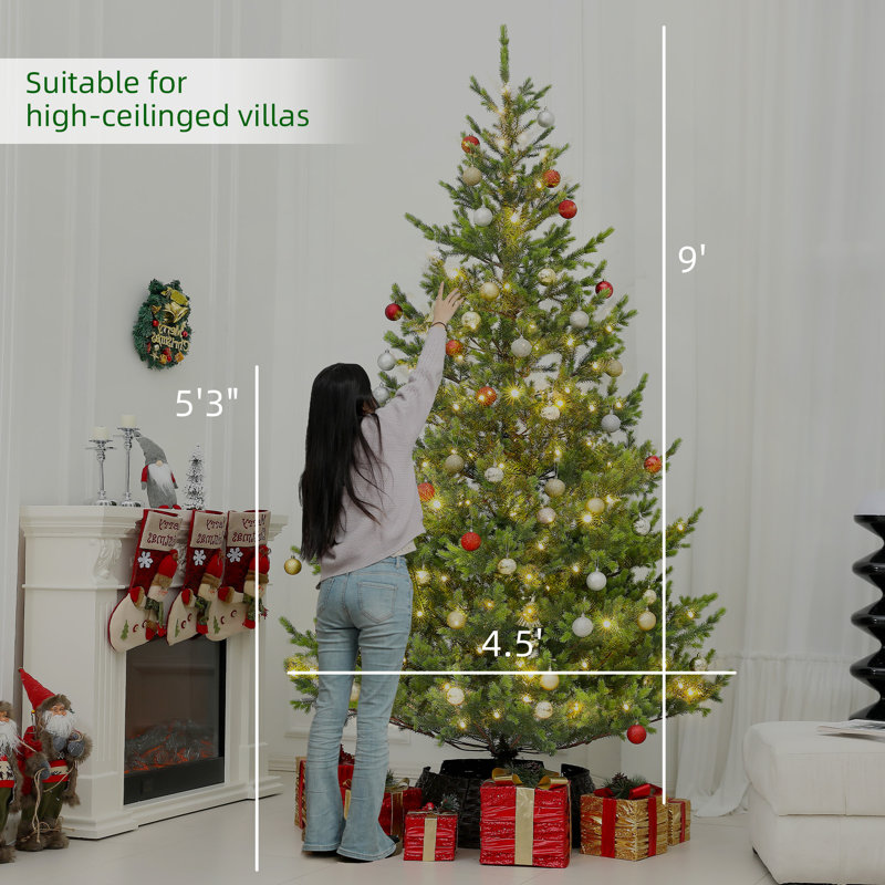 Arbre de Noël artificiel en cèdre pré-éclairé 9 pi avec lumières DEL et 4306 pointes, base en acier pour les vacances de bureau à domicile
