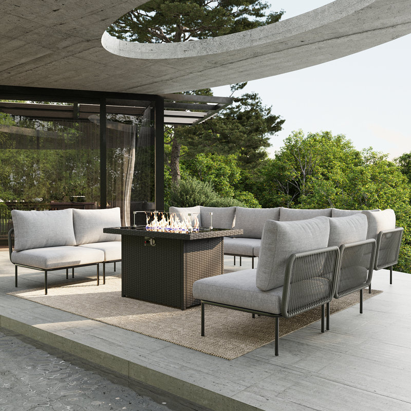 Ebern Designs 9 Pieces Aluminum Patio Furniture Set, Modern Modular Sectional Sofa with Fire Pit Table and Upgrade Thickness Cushion