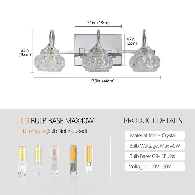 Éclairage de meuble-lavabo rétro 3 lumières, Nickel brossé
