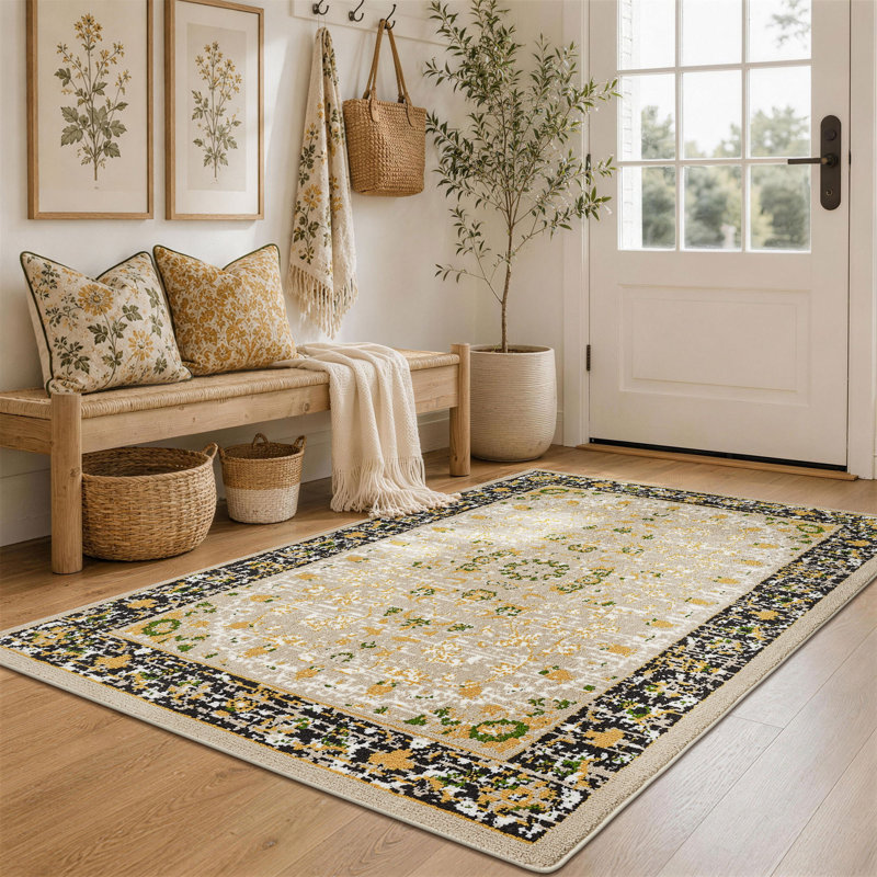 Tapis oriental oriental avec motif doré et vert - Tapis à motif traditionnel pour le salon et la chambre à coucher