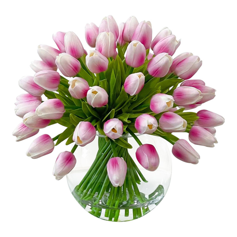 Real Touch Tulips Centerpiece In Vase, Pink Ombre White