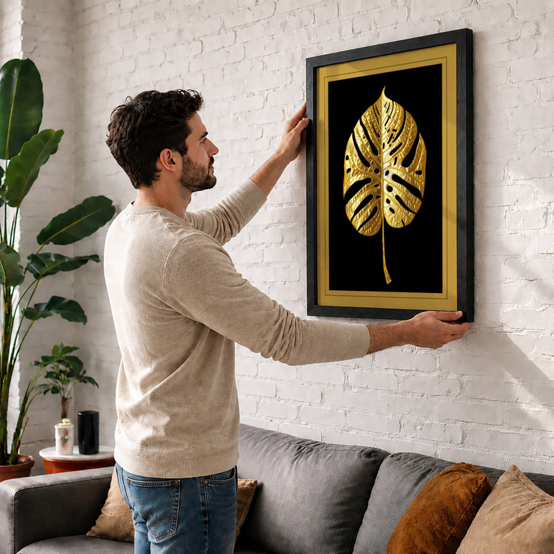 Gilded Monstera Botanical - Framed Print, A2 - 59.4 x 42.0 cm, Oak
