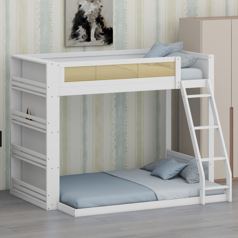 Lit superposé peu encombrant avec tablettes de rangement et lumières décoratives à DEL, White