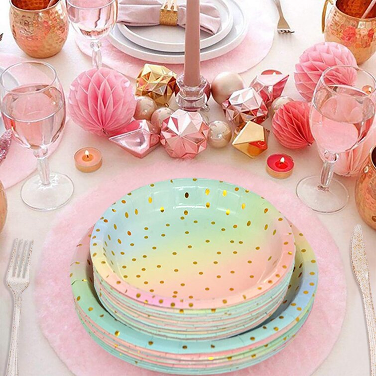 200 Pcs Pastel Party Supplies, Golden Dot Disposable Paper Plates Set, 25  Dinner Plates, Dessert Plates Cups Napkins, Straws, Cutlery, Forks, Spoons