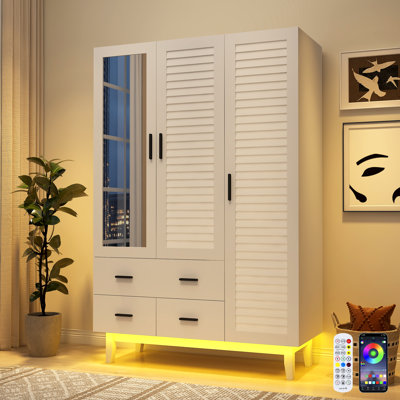 3-Door 71" Armoire Wardrobe With LED Lights, Mirror, Hanging Rod, 3 Drawers, And Shelves