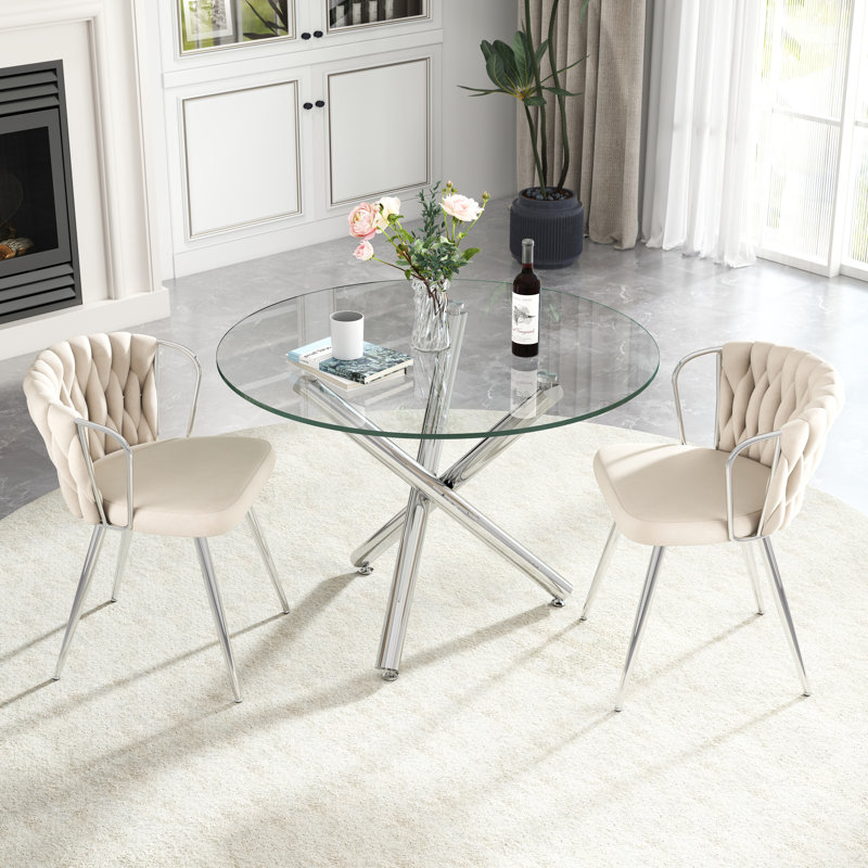 Elegant Round Glass Dining Table Set, Beige,  3 Pieces: Table, 2 Chairs, Silver
