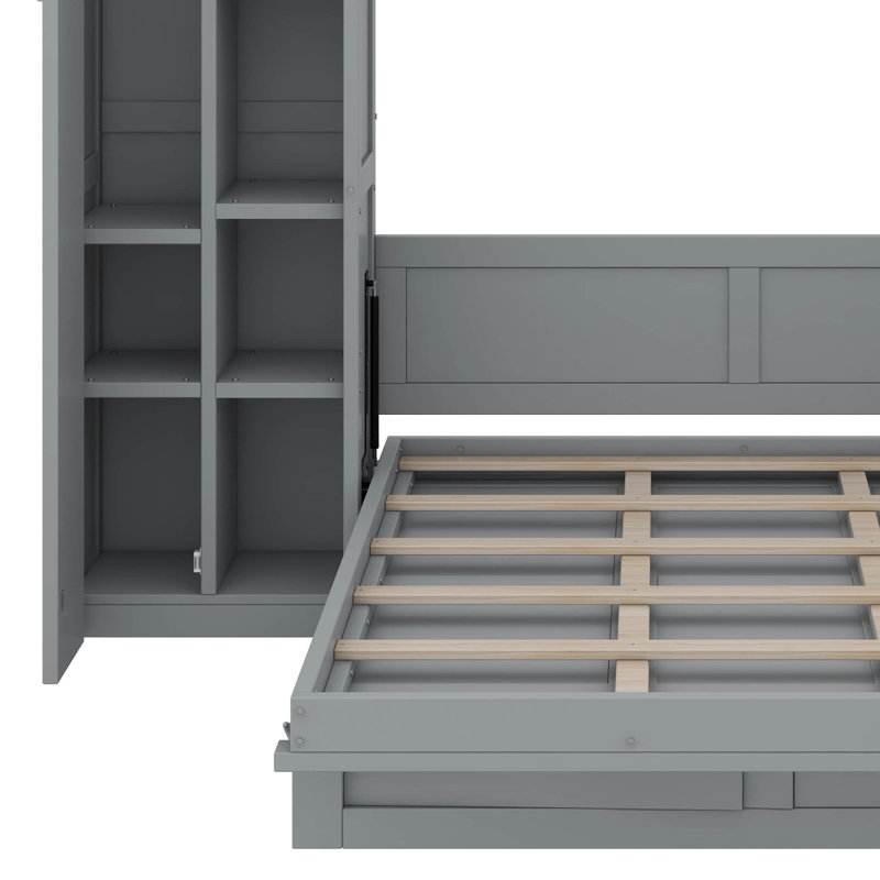 Lit escamotable mural Murphy avec tablettes, garde-robe et lumières DEL, Gris, Double