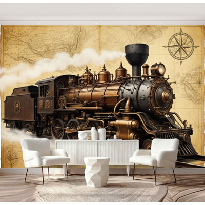 Peel and Stick Wallpaper Steampunk Train Retro Industrial Locomotive Mechanical Engine Vintage Wall Murals 69"H x 96"W Removable PVC Wall Paper Self-Adhesive Wall Decor for Bedroom Living Room Home Office