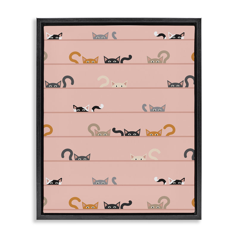 Peeking Cats on Pink Floating Frame, design par Sazerelli Designs, Cadre flottant noir de jais, H 21 po x l 17 po