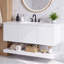 Meuble-lavabo suspendu de 122 cm (48 po) sans poignées, avec 3 tiroirs, une tablette inférieure ouverte et un comptoir en composite.