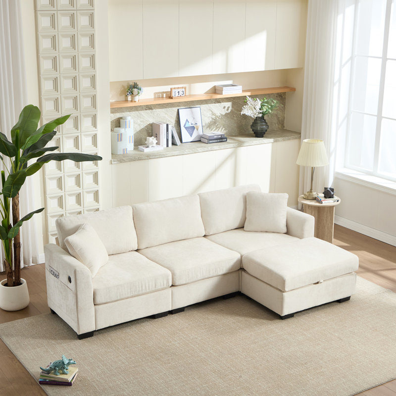 Canapé modulaire en chenille surdimensionné à 4 places en L, Beige