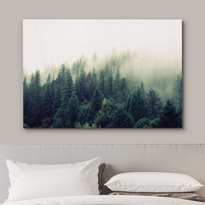 Misty Forest Landscape " Misty Green Forest Pine Trees In Sunlight ", Wrapped Canvas, 32" H x 48" W x 1.5" D