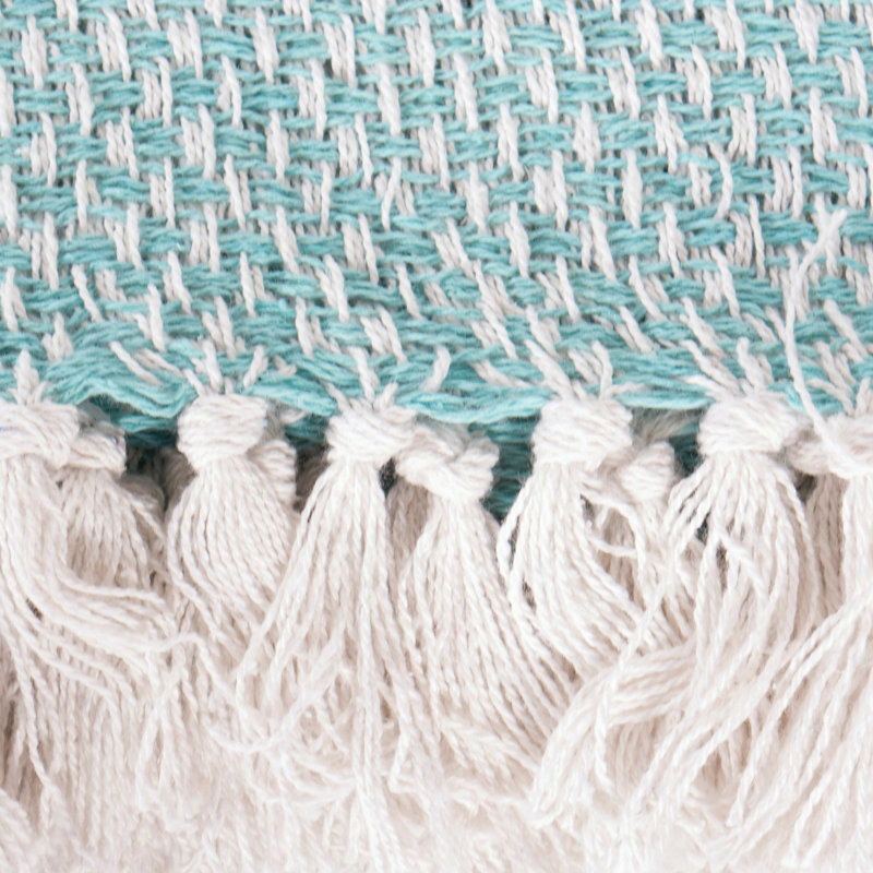 Aqua Blue Cotton Woven Throw Blanket with Fringe