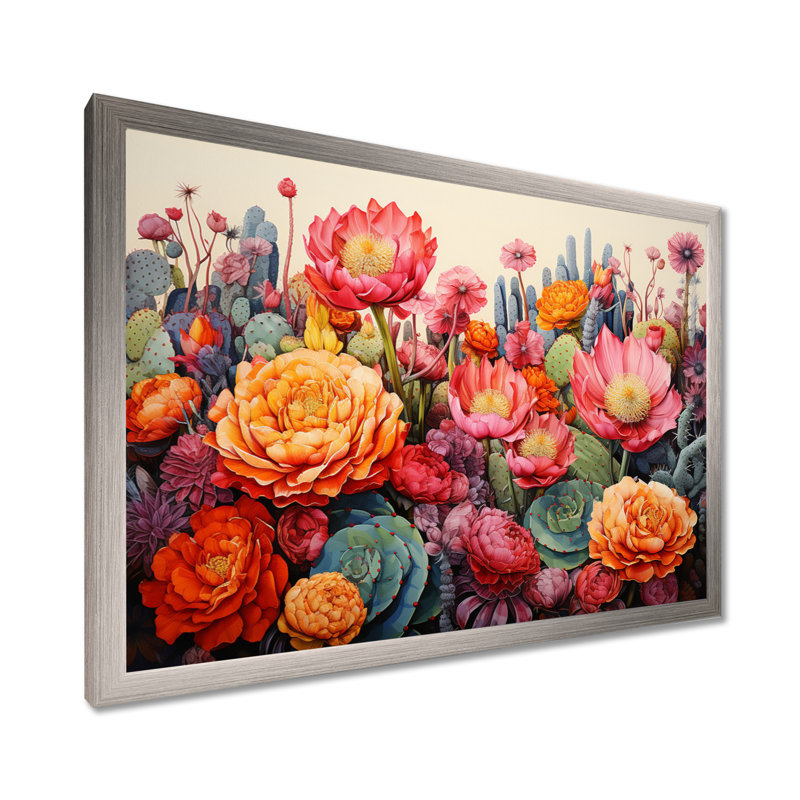 Désert cactus jardin IV - art mural désert, Cadre simple argenté, H 12 po x l 20 po x P 1 po