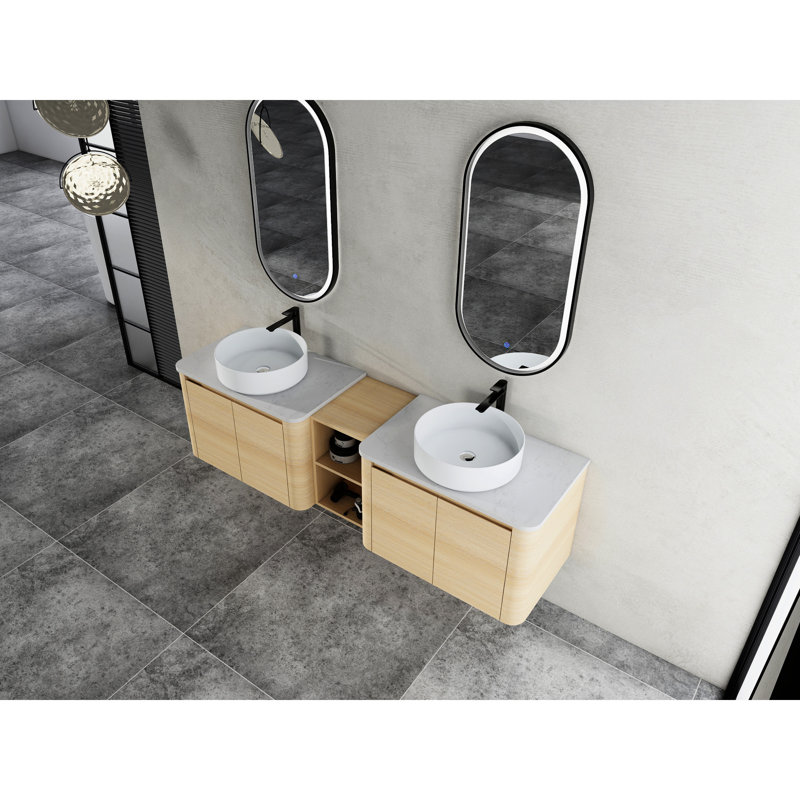 Meuble-lavabo mural 72 po avec lavabo d'art en céramique, 1 tablette de rangement, 4 portes à fermeture douce, contreplaqué, entretien facile