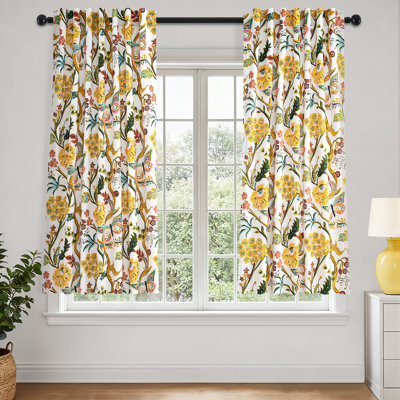 Floral Patterned Curtains Mid Century Botanical Drapes,Room Darkening Curtain,Rod Pocket Back Tab Floral Drapes,Set of 2