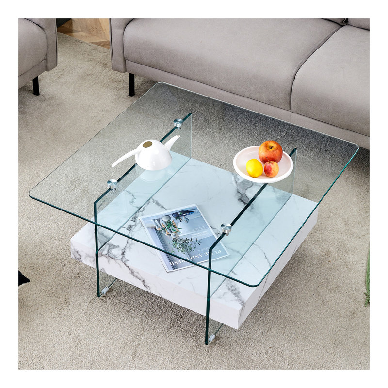 Table basse carrée 31,4 pouces à deux niveaux - une combinaison élégante de verre transparent et d'autocollant à motif de marbre blanc. Elle peut être utilisée comme table basse, table d'appoint ou présentoir.