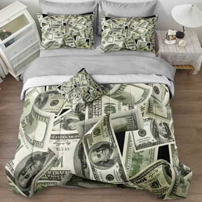 8 Pieces Bed in a Bag Money Comforter Set Queen Size Dollar Bill Comforter Set Gold Coins Bedding Set with 1 Comforter, 4 Pillowcases, 1 Flat Sheet, 1 Fitted Sheet, 1 Cushion Cover