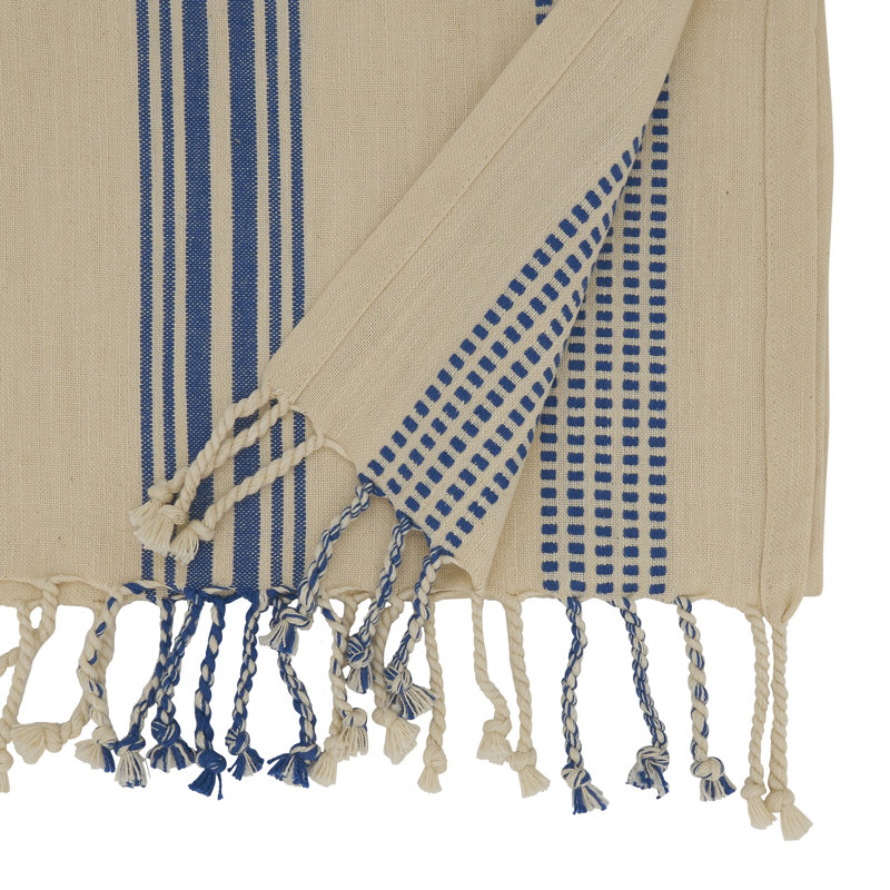 Navy Blue and Off-White Cotton Striped Table Runner, 16" x 108"