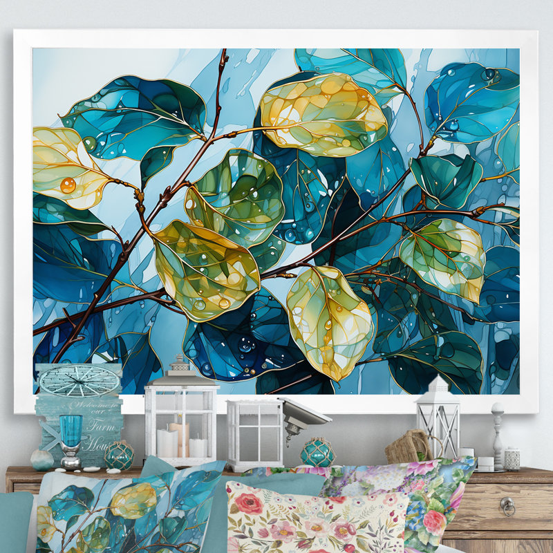 Feuilles charmantes, harmonie liquide sur toile, Cadre simple blanc, H 24 po x l 32 po x P 1 po