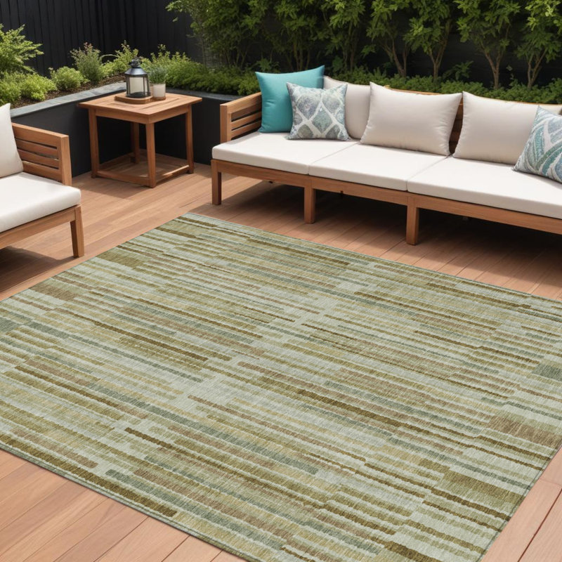 Tapis extérieur lavable rayé vert kaki et olive 10 pi x 14 pi