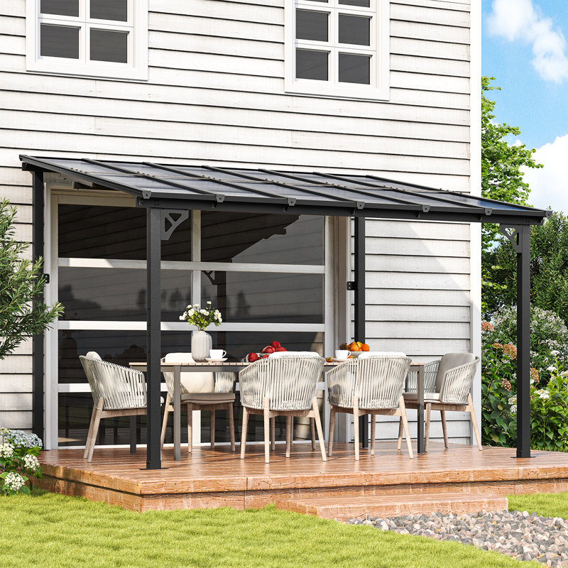12 Ft. W X 10 Ft. D Lean-to Wall Mounted Hardtop Gazebo with Sloped Roof for Patio,Black, 12 Ft. W x 10 Ft. D