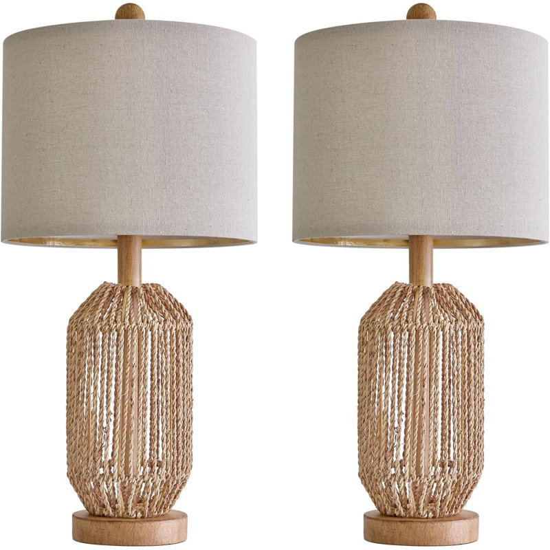 21" Brown Rattan and Linen Farmhouse Table Lamps Set of 2