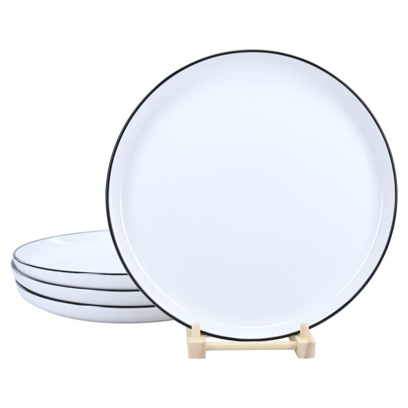 Set of 4 White Porcelain Dinner Plates with Black Rim