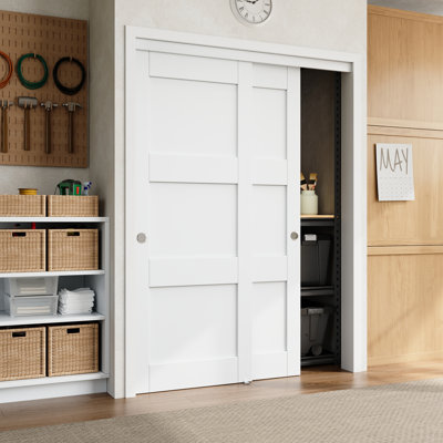 80" White Primed 1-Panel Or 3-Panels Closet Sliding Door With Hardware Kit & Handles