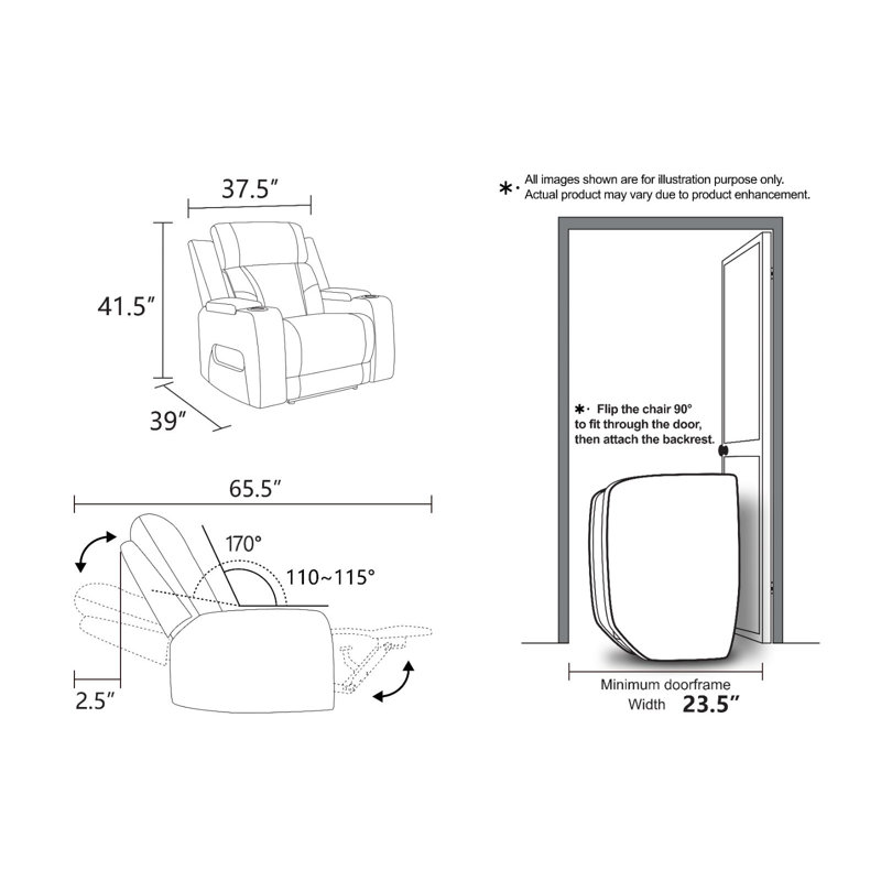 Fauteuil inclinable électrique Culloden 37,5 po (95 cm) de large en cuir respirant avec accoudoirs de rangement, porte-gobelet et éclairage DEL bleu | Sièges de cinéma maison