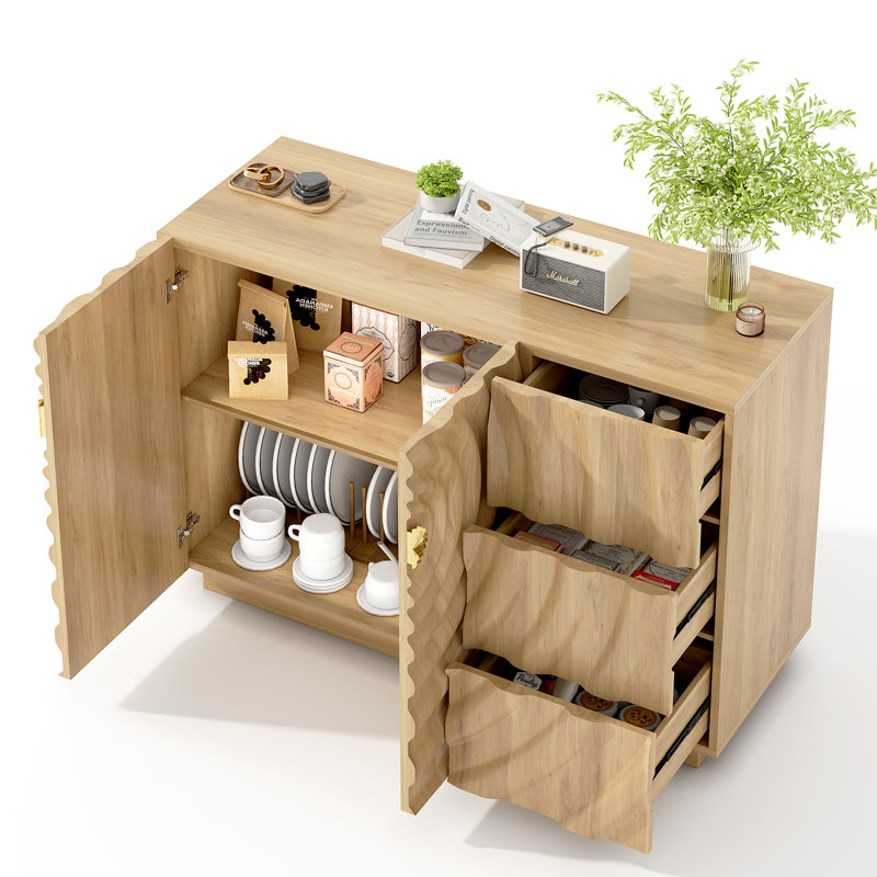 47.2" Wide Sideboard Buffet Cabinet With 2 Doors And 3 Drawers, Adjustable Shelves, Oak