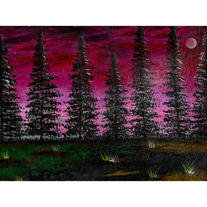 Peinture de paysage de pin de nuit | Acrylique sur toile | Avec cadre