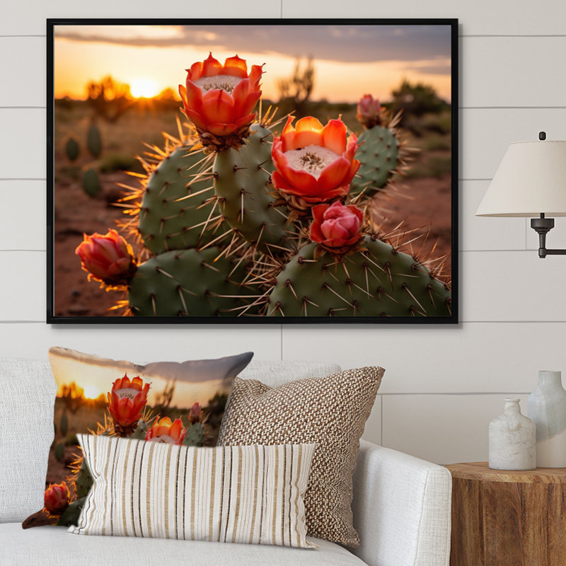" Red Green Cactus Field With Sunset II ", 12" H x 20" W x 1" D, Black Floater Framed