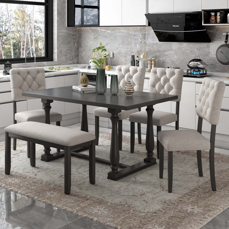 6PCS Dining Set,  Wooden Dining Table With Special-Shaped Legs And 4 Uoholstered Rufted Back Chairs & 1 Bench, Gray