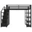 Grand lit mezzanine en métal avec tablettes de rangement, armoires et garde-robe, structure noire peu encombrante