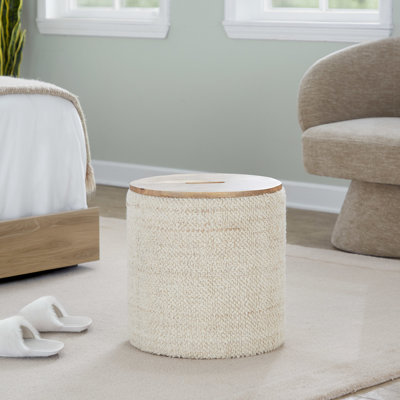 Laine beige contemporaine tissée à la main et bois de manguier avec couvercle amovible pour le rangement, multi-usages, largeur de 16,28 po, profondeur, 17 po, poids de 15 lb, utilisation intérieure seulement, limite de poids de 250 lb, rangement