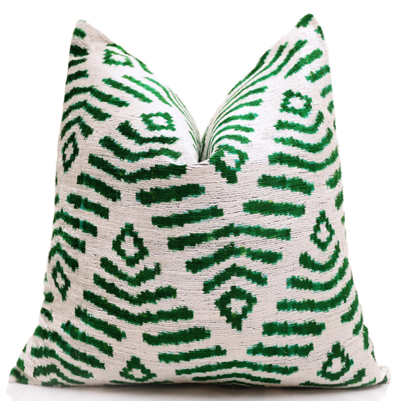 Coussin en velours de soie géométrique noué à la main vert émeraude - 20 x 20 ikat