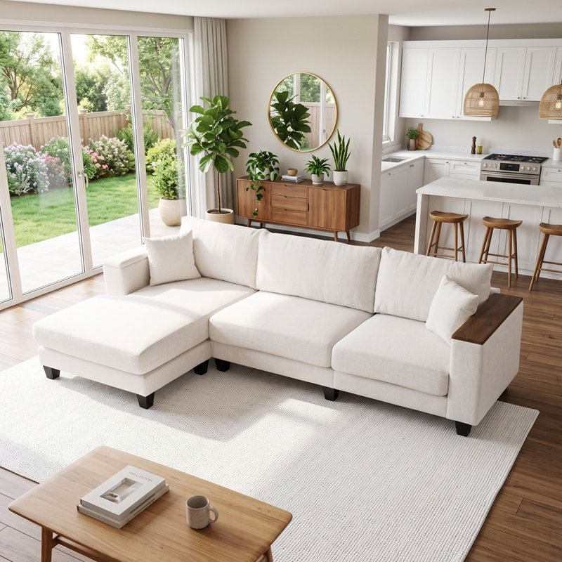 Canapé surdimensionné avec méridienne réversible, Chenille beige