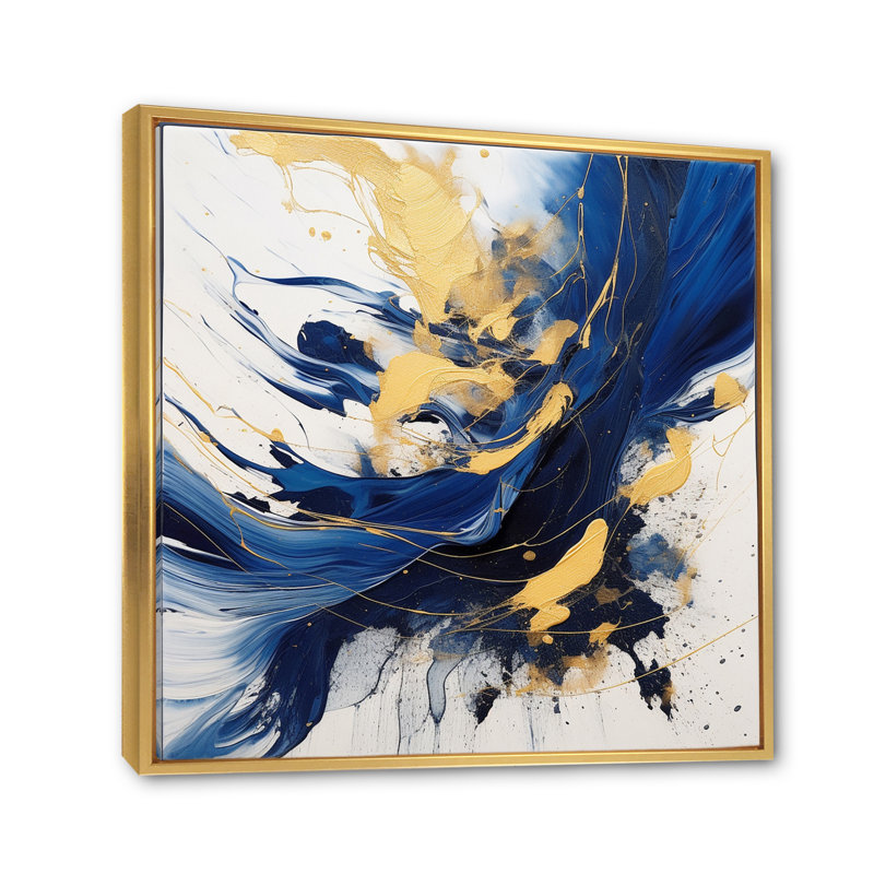 Art mural bleu foncé et or V - Fractals, Cadre flottant doré, H 36 po x l 36 po x P 1,5 po