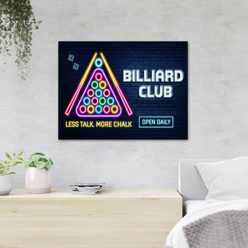 «Billiard Game - Billiard Club Open Daily Less Talk More Chalk», reproduction d'art graphique rectangulaire sur toile tendue 1 pièce
