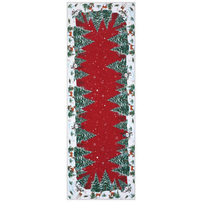 Tapis de Noël rouge avec bonhomme de neige, cerf et sapin, 60 x 300 cm, antidérapant, lavable, à poils courts, idéal pour le salon, la chambre, l'entrée, la buanderie, le bureau et la décoration hivernale.
