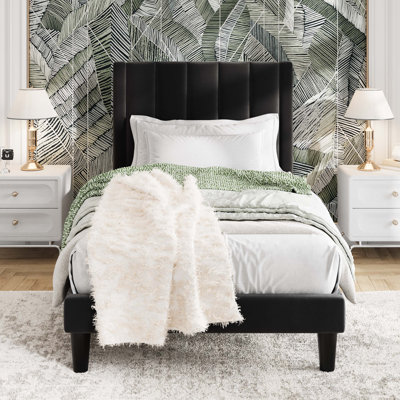 Modern Velvet Upholstered Platform Bed with Headboard, No Box Spring Needed