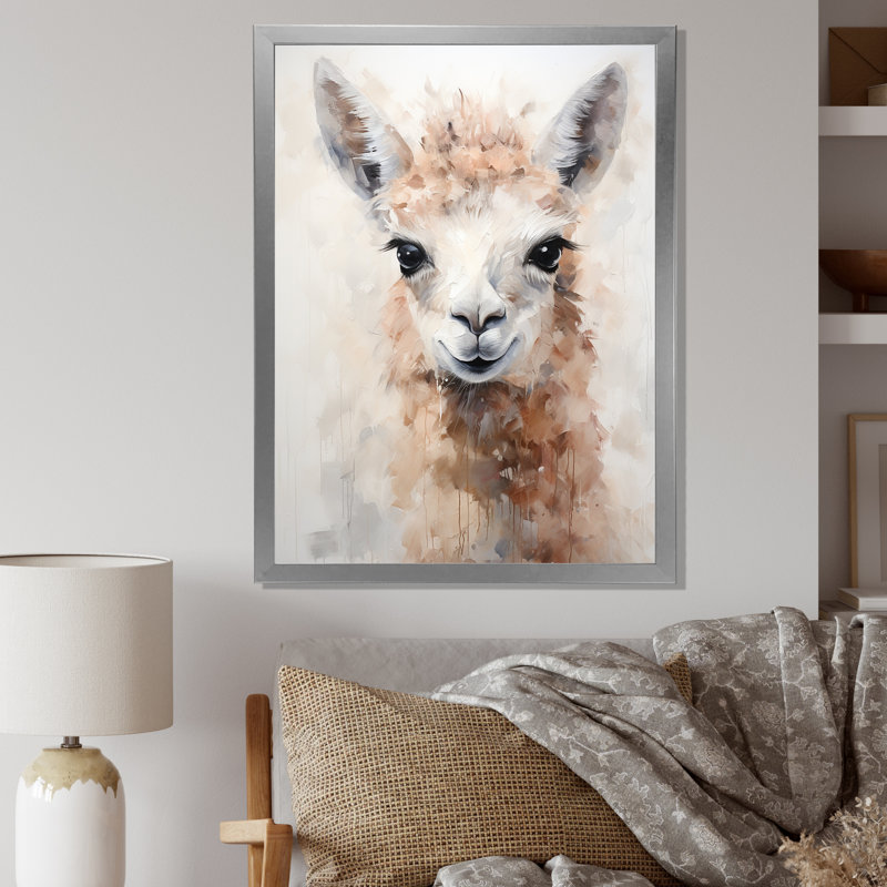 Minimalisme grunge Alpaca Portrait I - Alpaca, reproduction d'art sur toile, H 32 po x l 16 po x P 1 po, Cadre photo argenté