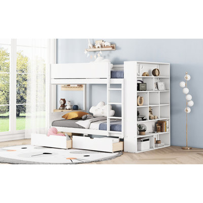 Lit superposé gris complet avec options de rangement - 2 tiroirs et armoire, construction, coffre-fort pour une utilisation familiale, armoire de rangement à compartiments supplémentaires de format guide facile à installer pour un espace de vie ado co