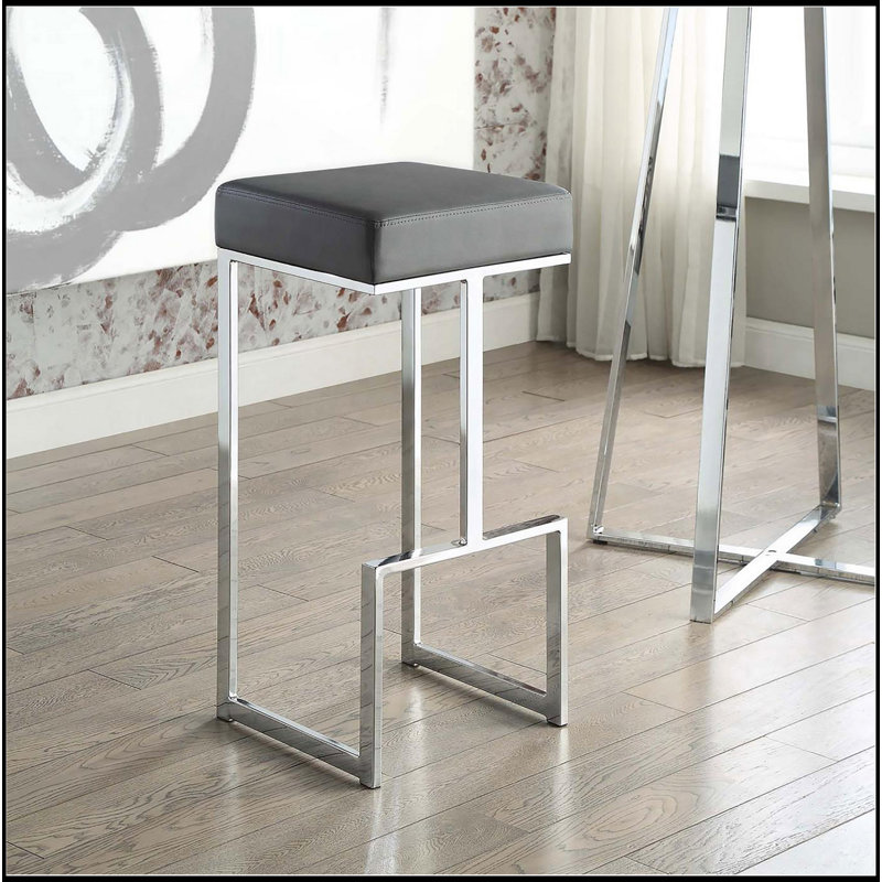 Tabouret de bar rembourré gris et chrome, Gris
